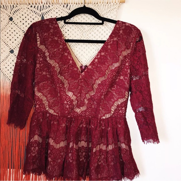 Anthropologie Wine Red Lace Peplum Top - Picture 2 of 7